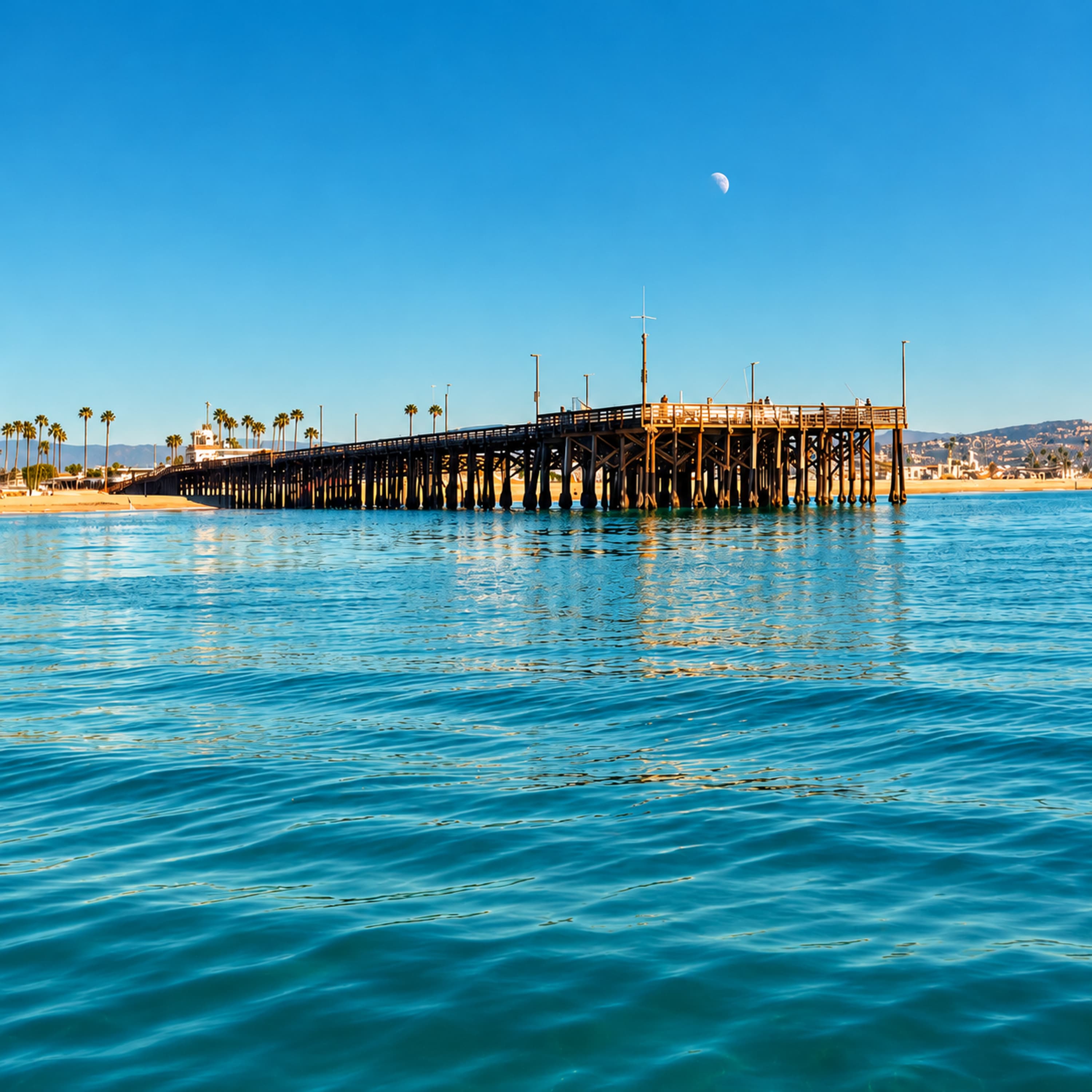 A wooden pier extends across turquoise water beneath a blue sky and a small moon, with palms along the shore.